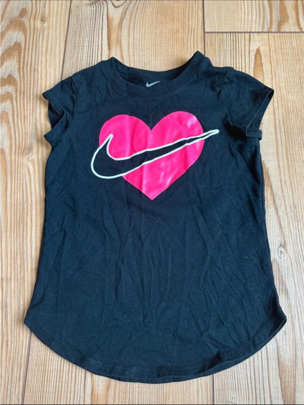 Nike Black Short Sleeve Tee with Hot Pink Heart and White-Outlined Swoosh